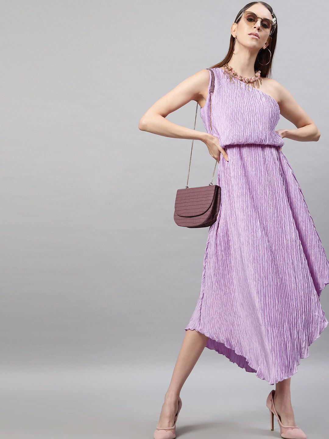 STREET 9 Lavender One Shoulder Satin Midi Dress