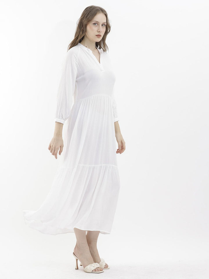 RAREISM Mandarin Collar Cuffed Sleeves Gathered Tiered Fit & Flare Midi Dress