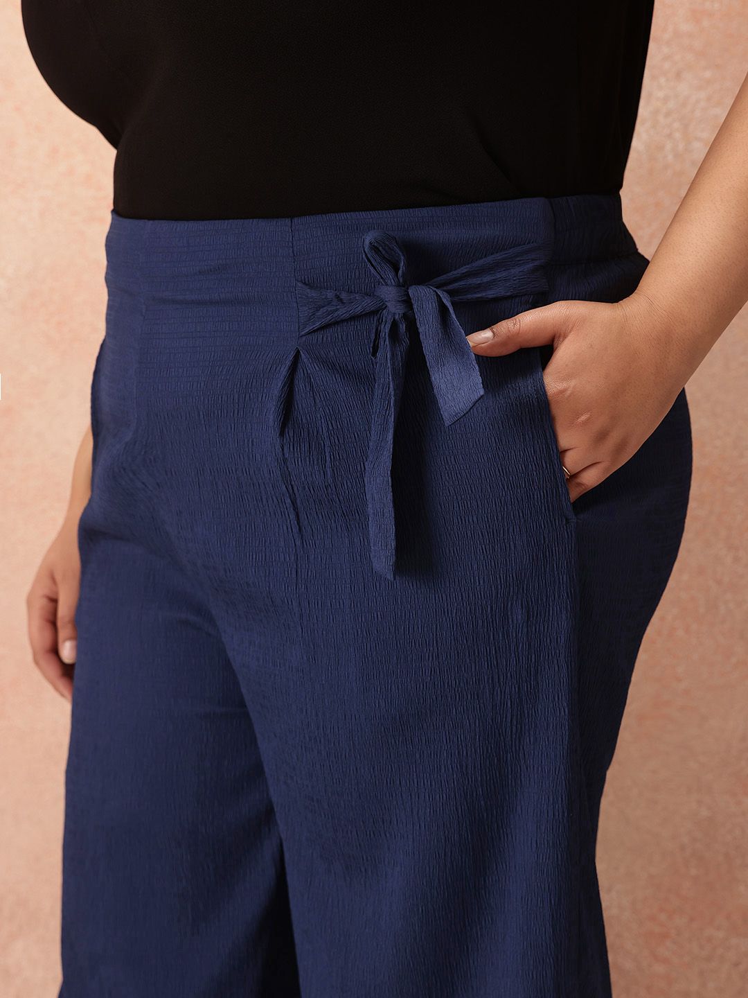 all about you Plus Size Women Crinkled Effect Mid-Rise Belted Detail Front-Pleats Trousers