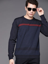 Raymond Men Navy Blue & Maroon Striped Pullover