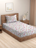 HOSTA HOMES White & Green Floral 210 TC Flat Cotton Single Bedsheet & 1 Pillow Cover