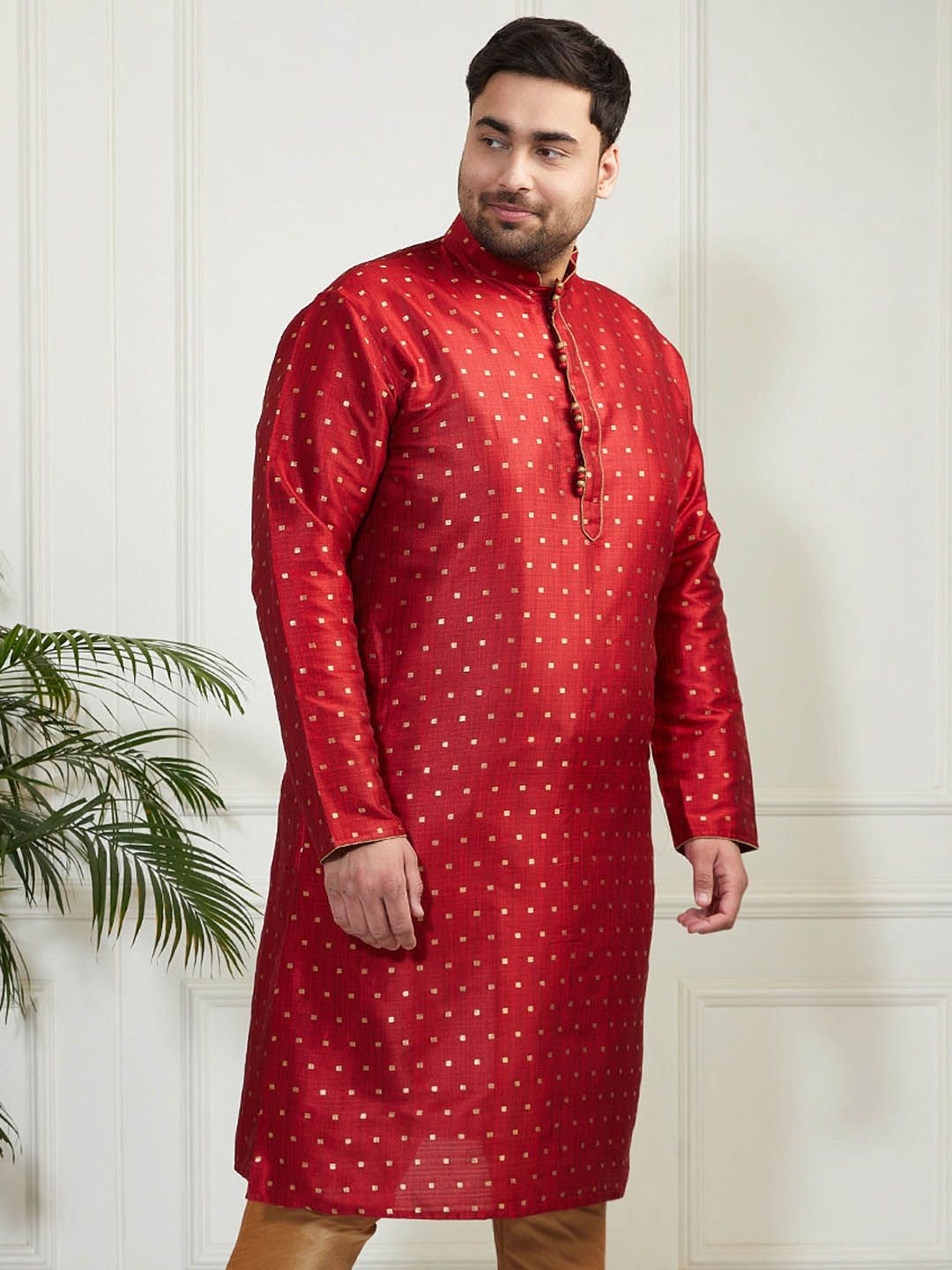 VASTRAMAY Men Plus Size Geometric Woven Design Mandarin Collar Jacquard Silk Kurta