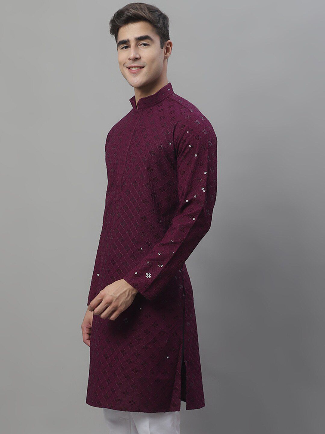 Jompers Mandarin Collar Ethnic Motifs Chikankari Sequined Kurta