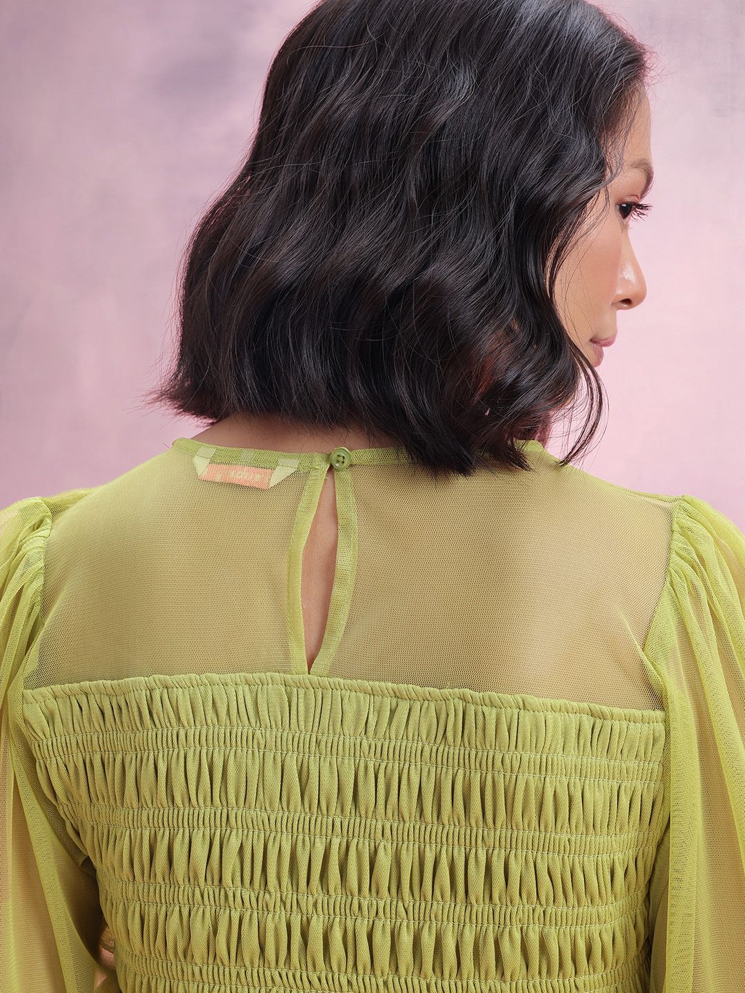 DressBerry Puff Sleeve Net Smocked A-Line Midi Dress