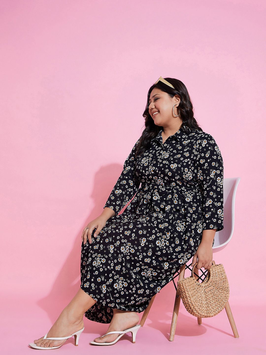 SASSAFRAS Curve Black Plus Size Floral Printed Shirt Collar Belted Shirt Midi Dress