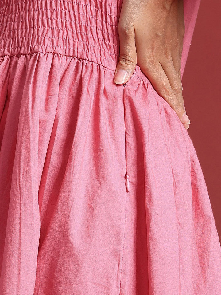 all about you Puff Sleeves Smocked Pure Cotton Fit & Flare Dress