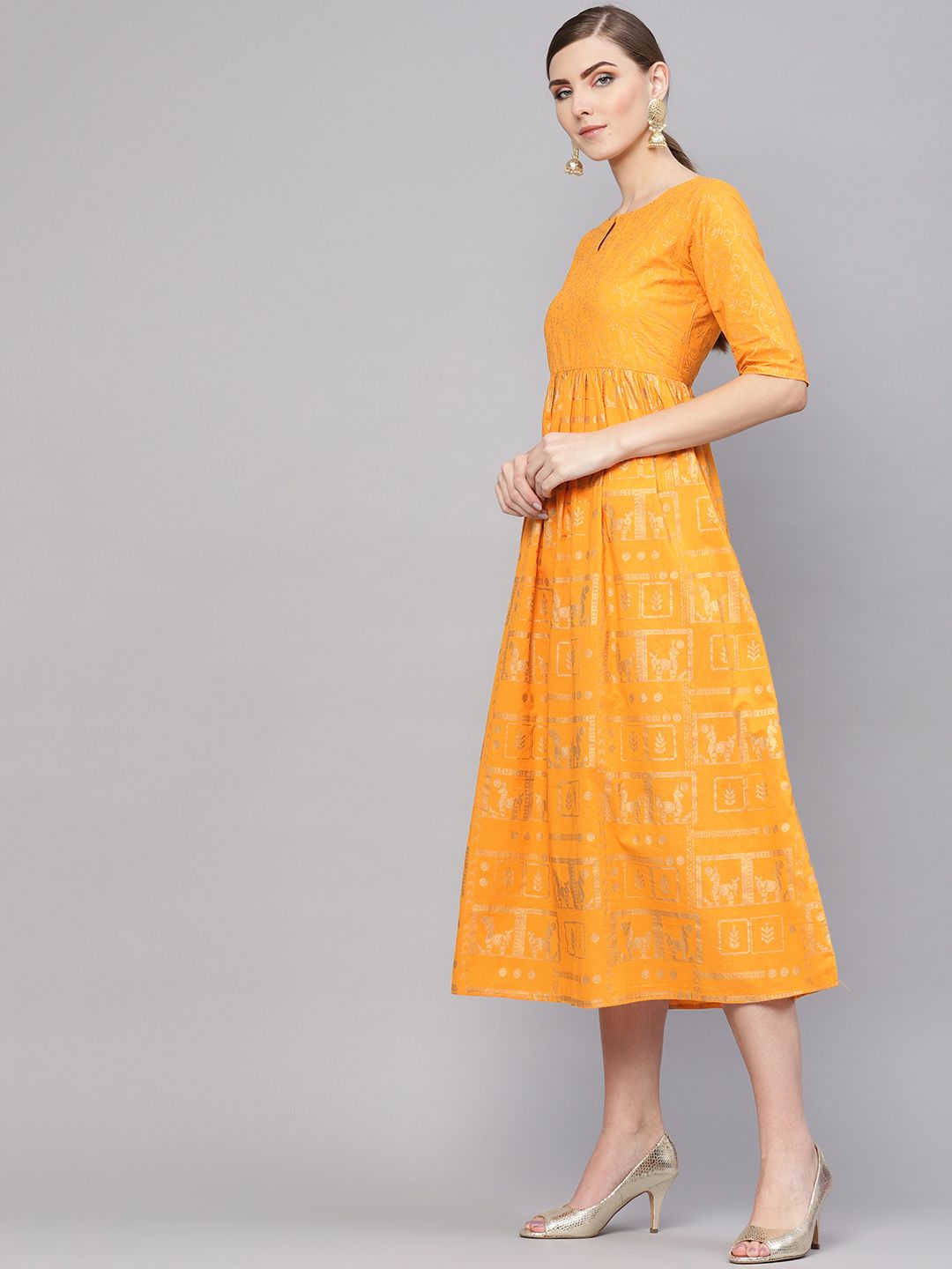 Gerua By Libas Women Printed Mustard Yellow Printed A-Line Dress