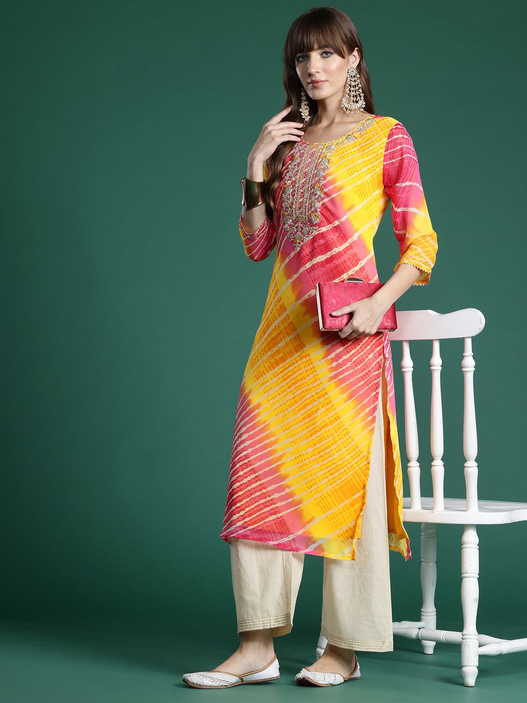 Indo Era Leheriya Embroidered Georgette Kurta