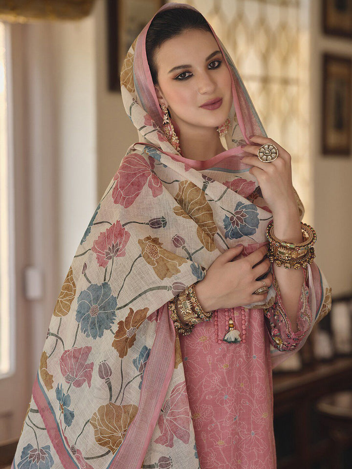 Indo Era Pink & Blue Floral Printed Thread Work Linen Kurta Set