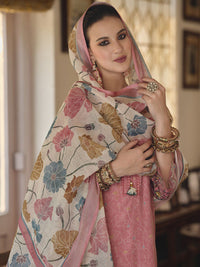 Indo Era Pink & Blue Floral Printed Thread Work Linen Kurta Set