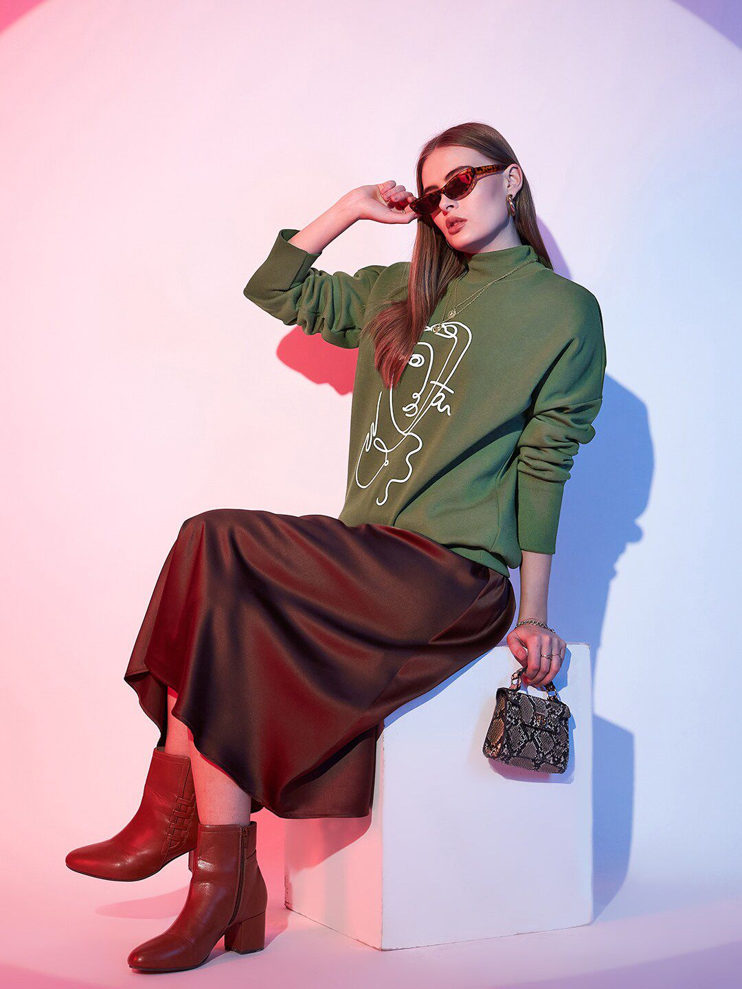 STREET 9 Olive Green Graphic Printed High Neck Cotton Sweatshirt