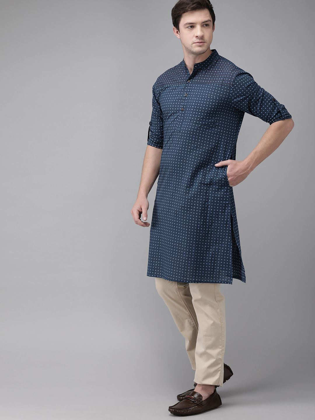 Anouk Men Navy Blue Polka Dot Printed Straight Kurta
