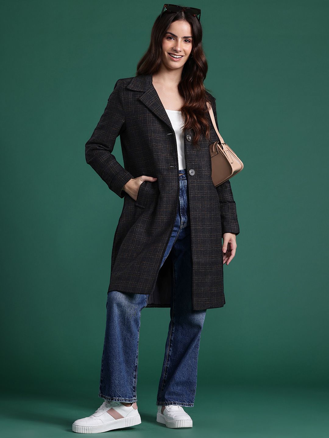 DressBerry Checked Single-Breasted Longline Overcoat