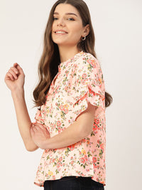 DressBerry Peach-coloured & Green Floral Printed Keyhole Neck Flared Sleeves Regular Top