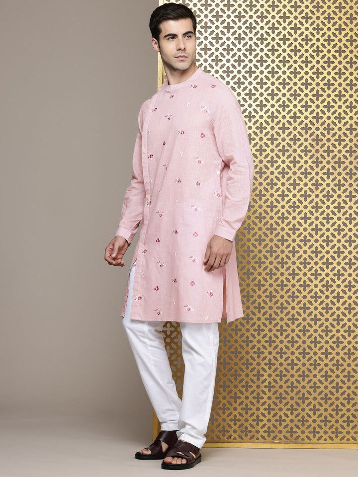 House of Pataudi Floral Embroidered Band Collar Pure Cotton Jashn Kurta