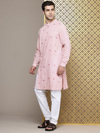House of Pataudi Floral Embroidered Band Collar Pure Cotton Jashn Kurta