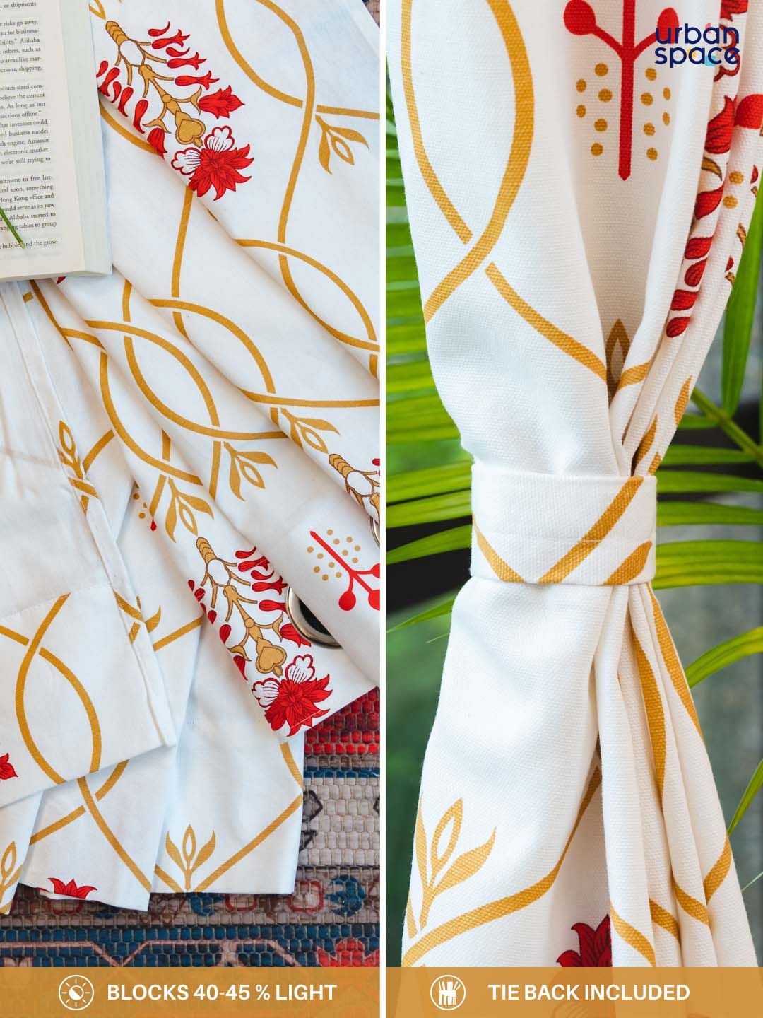 URBAN SPACE White & Red 2 Pieces Floral Cotton Window Curtains