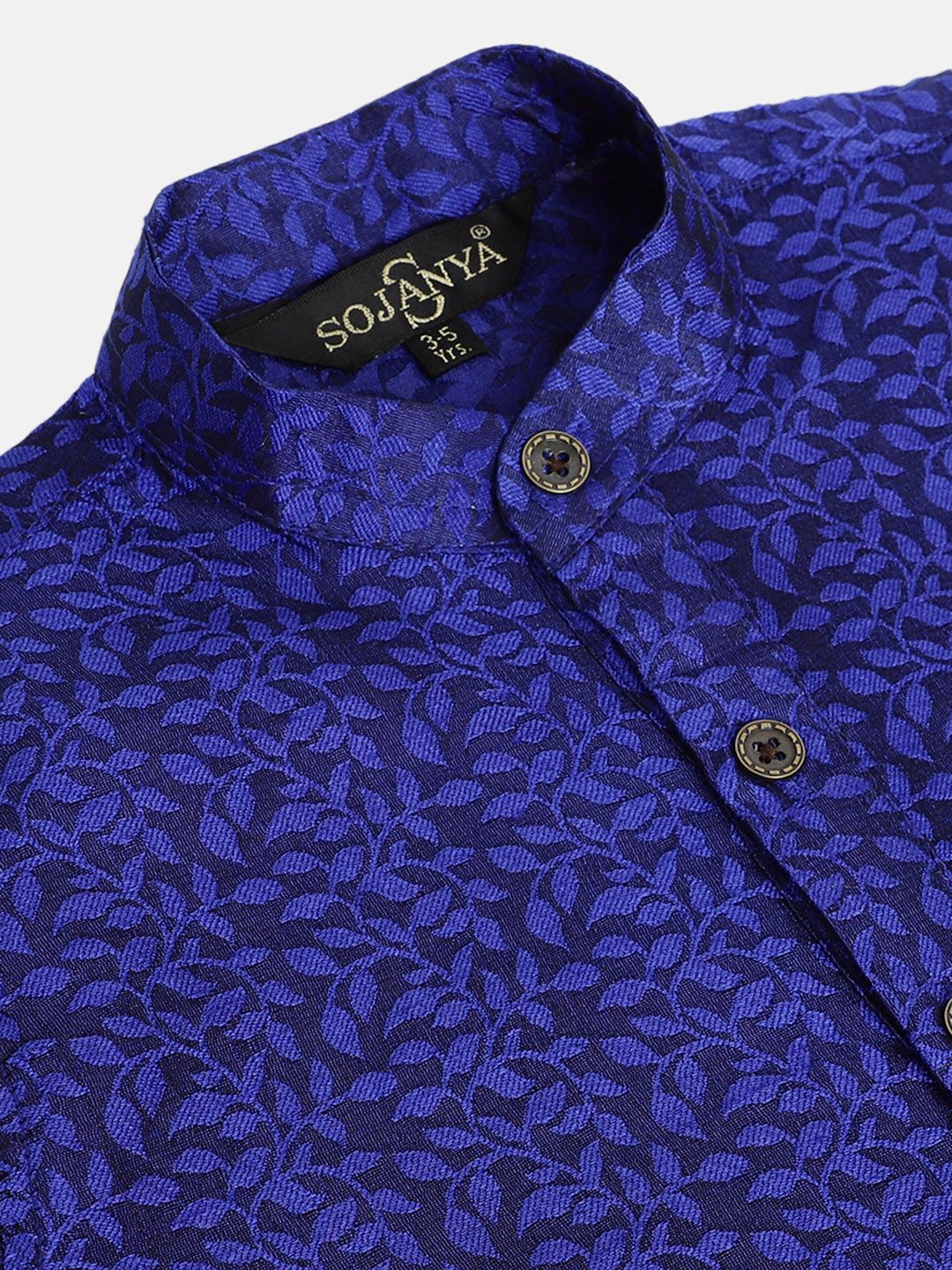 SOJANYA Boys Navy Blue Woven Design Jacquard Weave Band Collar Kurta