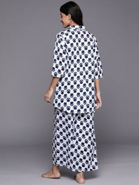 Libas Women White & Navy Blue Printed Pure Cotton Night suit