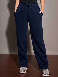 SASSAFRAS Women Navy Blue Relaxed Fit Mid-Rise Fleece Track Pants