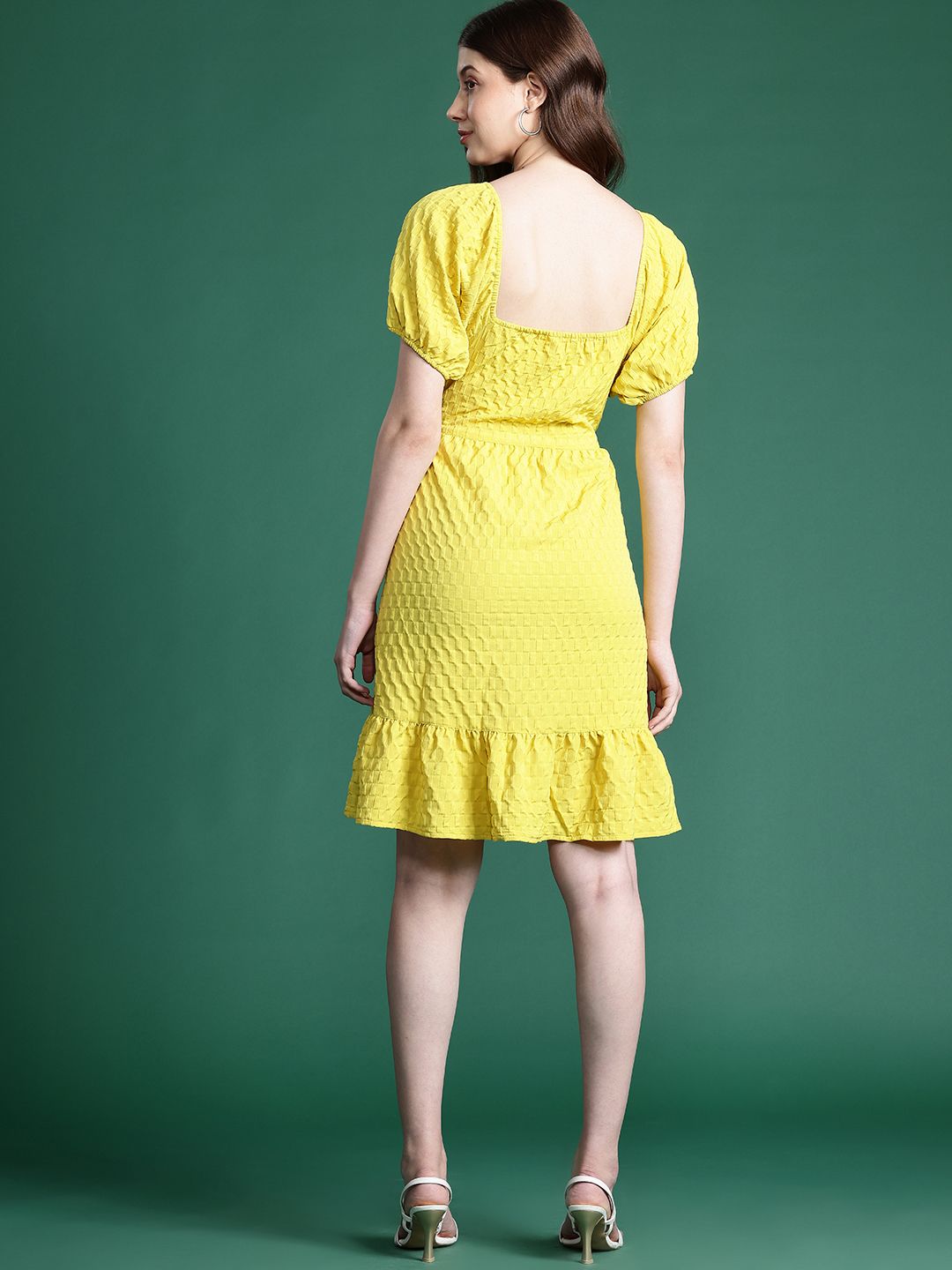 DressBerry Puff Sleeves Fit & Flare Textured Dress