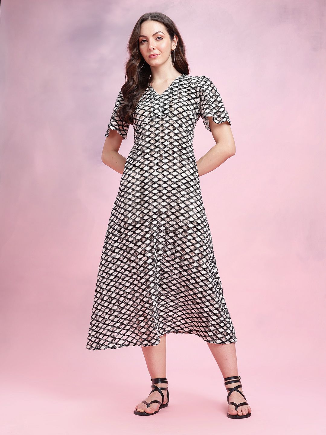 DressBerry Flared Sleeve Crochet A-Line Midi Dress