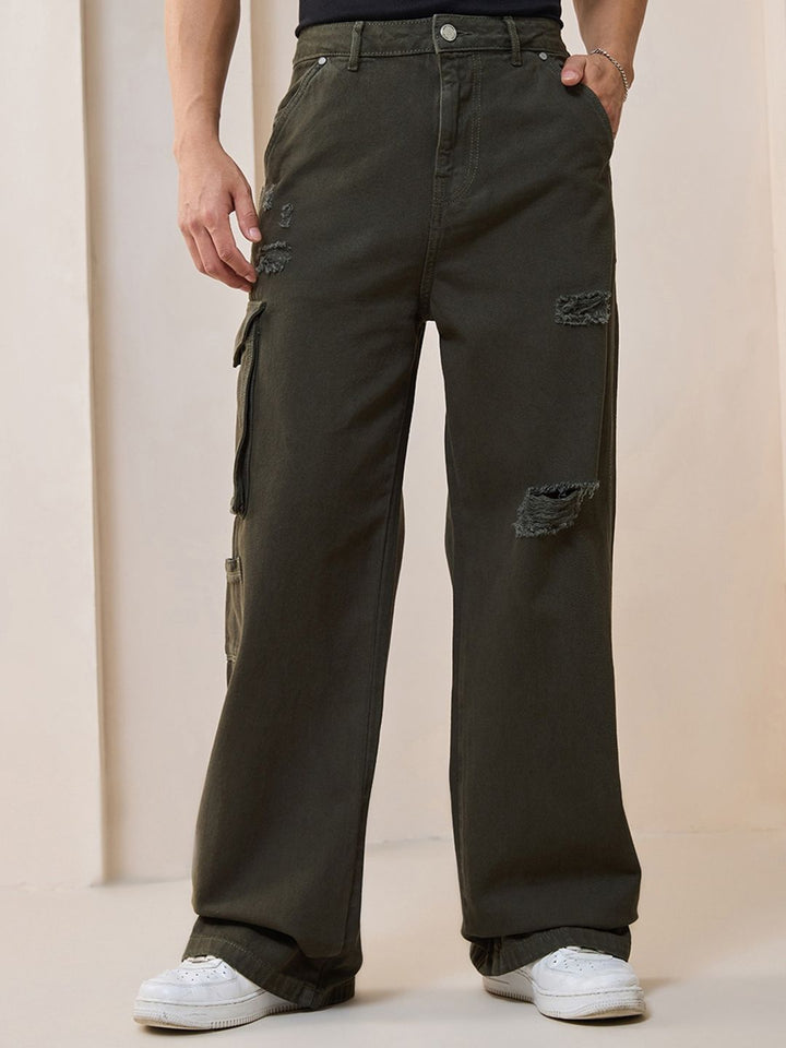 Bewakoof Men Straight Fit High-Rise Distressed Organic Cotton Baggy Jeans