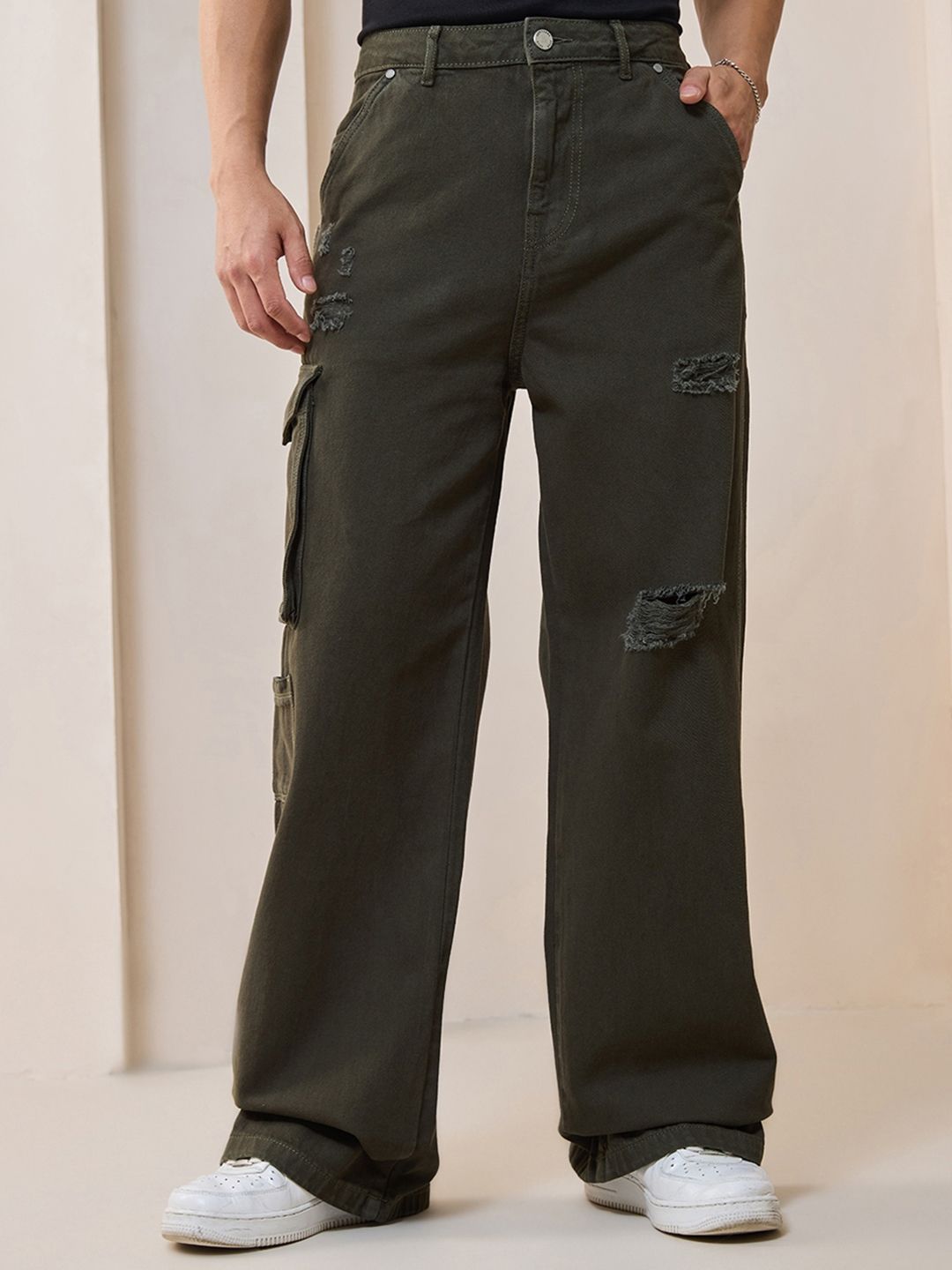 Bewakoof Men Straight Fit High-Rise Distressed Organic Cotton Baggy Jeans