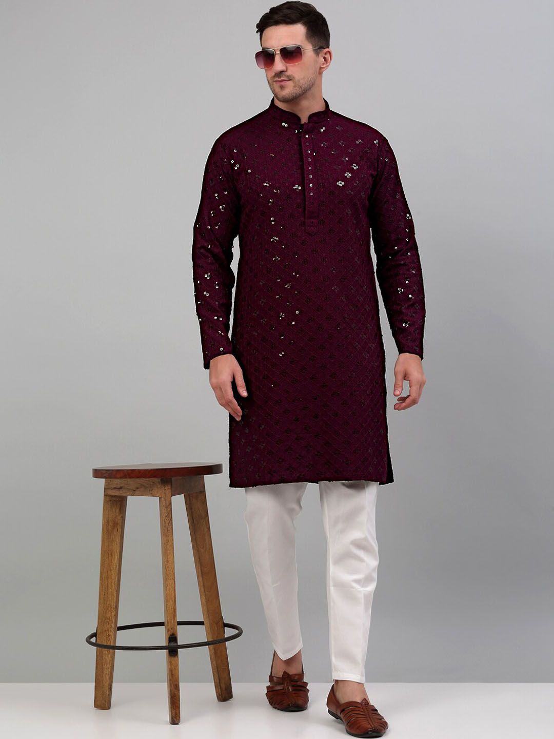 Jompers Geometrik Sulam Kolar Mandarin Kurta Labuci