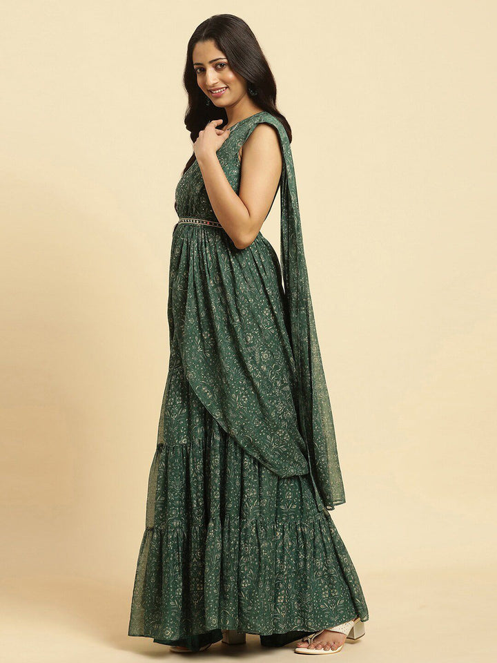 W Ethnic Motifs Printed Sequined Chiffon Tiered Maxi Ethnic Dress With Attached Dupatta
