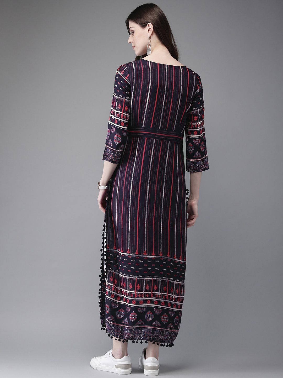 Anouk Navy Blue Striped Rayon Straight Kurta With Pompom Lace Hem