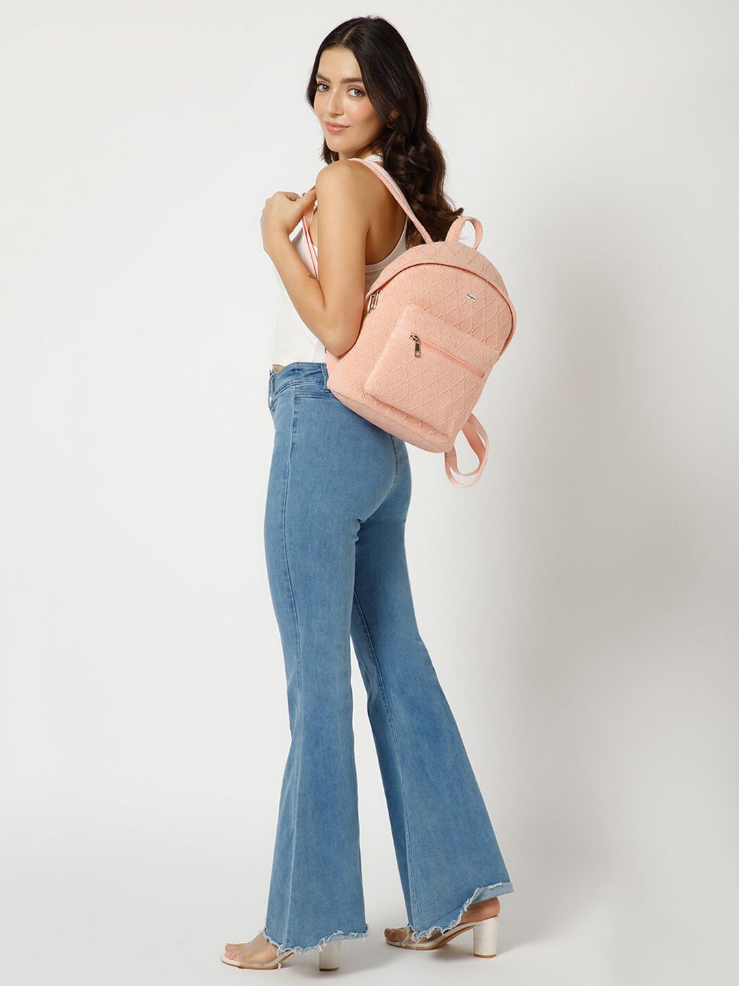 Berrylush Pink Women Textured Fabric Backpack