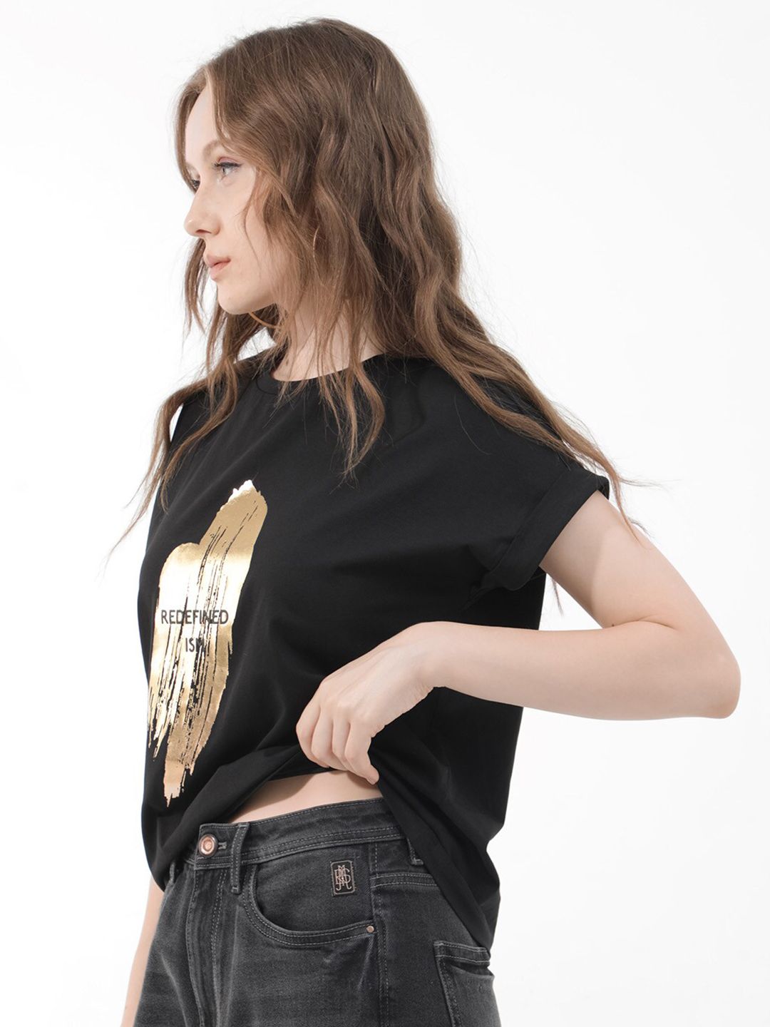 RAREISM Wanita Bercetak V-Neck Lengan Panjang Poket T-shirt