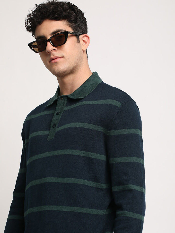 THE BEAR HOUSE Striped Polo Collar Pure Cotton T-shirt