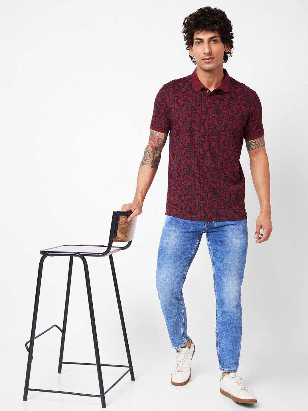 SPYKAR Abstract Printed Polo Collar Slim Fit T-shirt