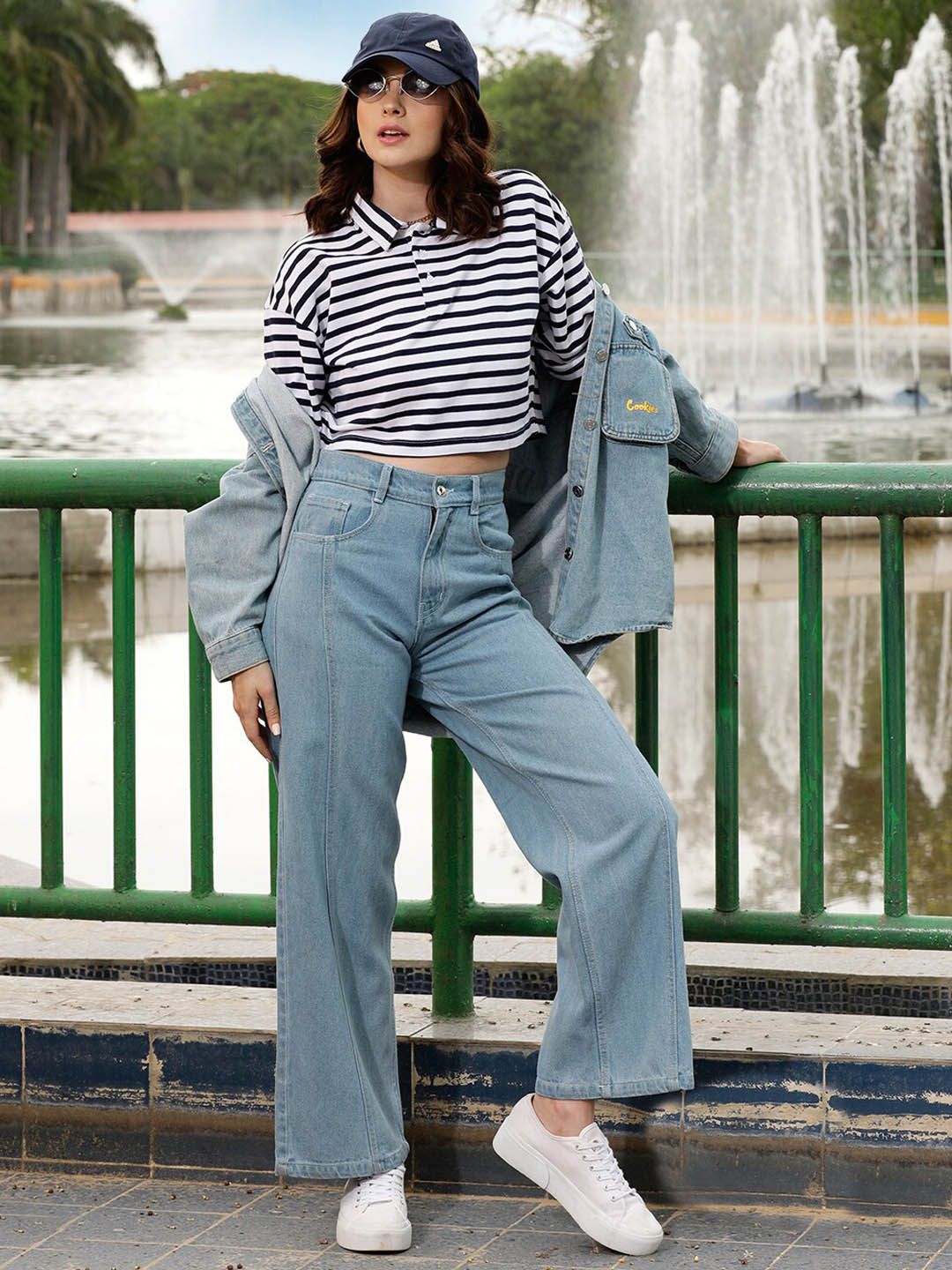 STREET 9 Women Blue Urban Wide Leg Pure Cotton Jeans