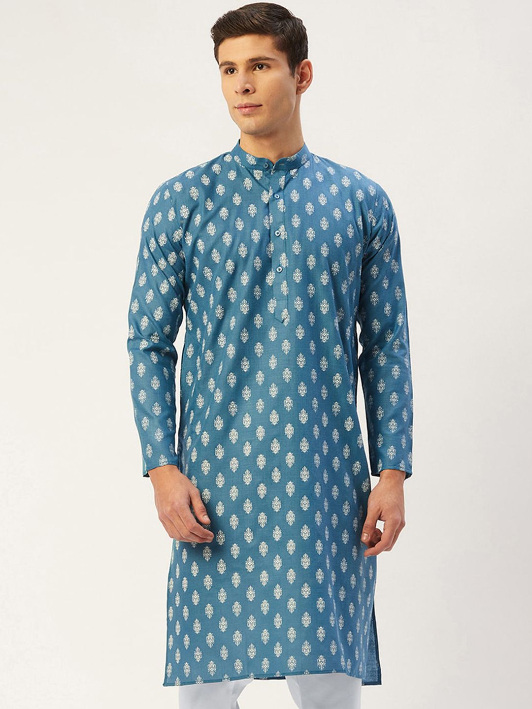 Jompers Men Teal Blue & White Ethnic Motifs Kurta