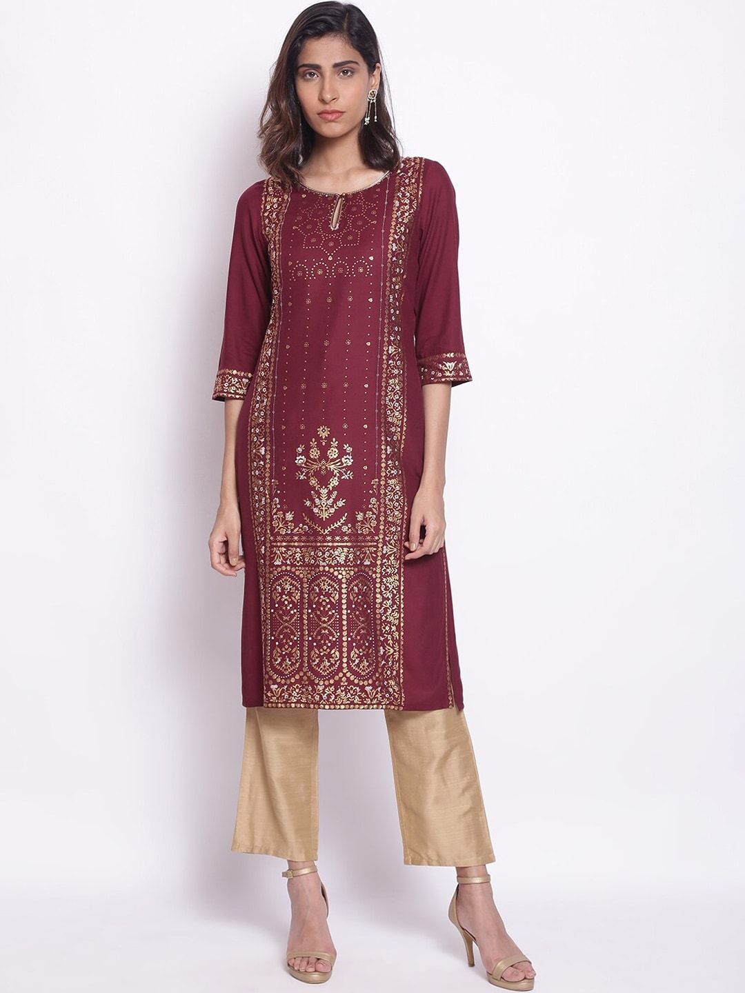 W Women Maroon Floral Printed Keyhole Neck Kurta