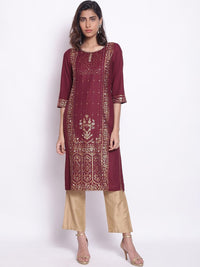 W Women Maroon Floral Printed Keyhole Neck Kurta