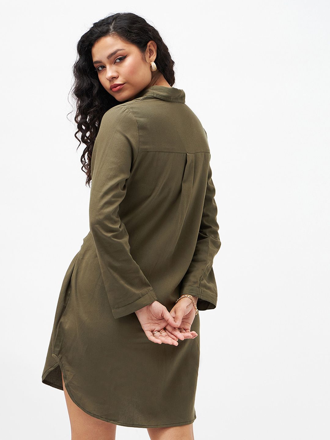 SASSAFRAS Women Olive Green Solid Shirt Dress With Waist Tie-Up Detail