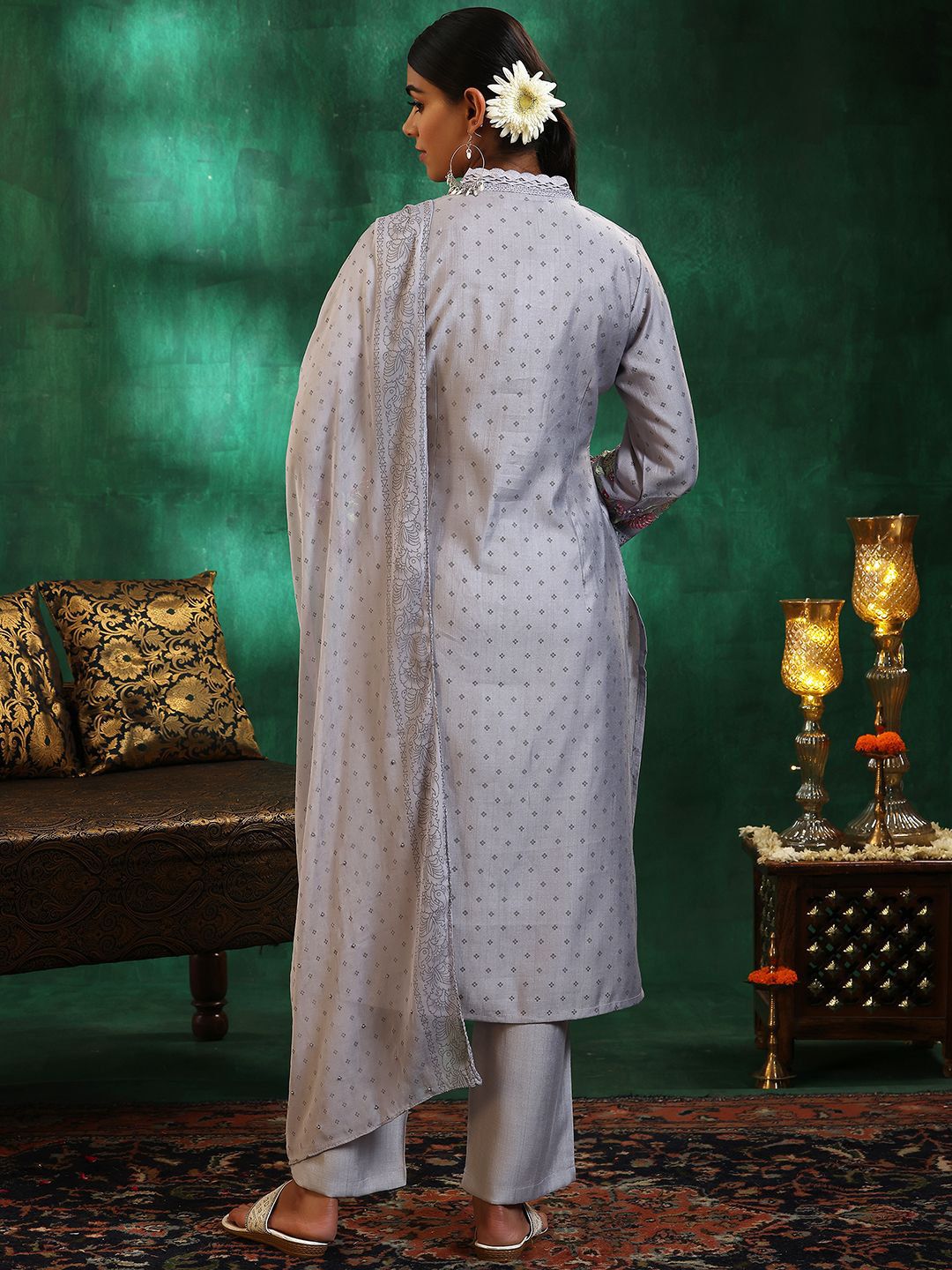 Libas Floral Printed Beads and Stones Straight Kurta with Trousers & With Dupatta