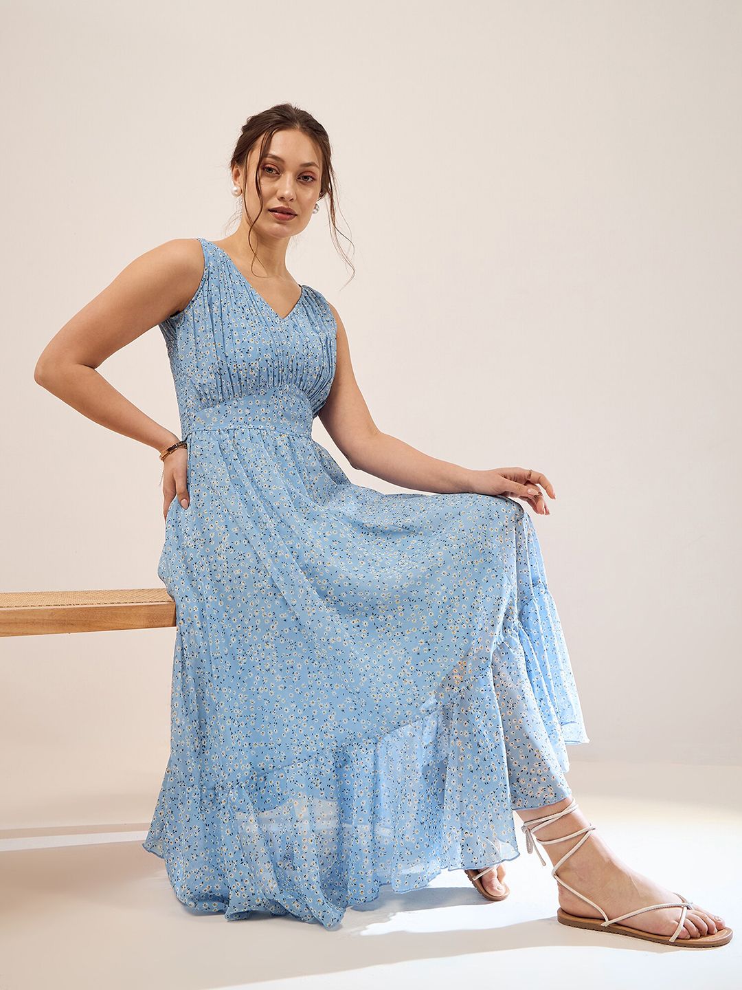 Antheaa Floral Printed Chiffon Fit & Flare Midi Dress