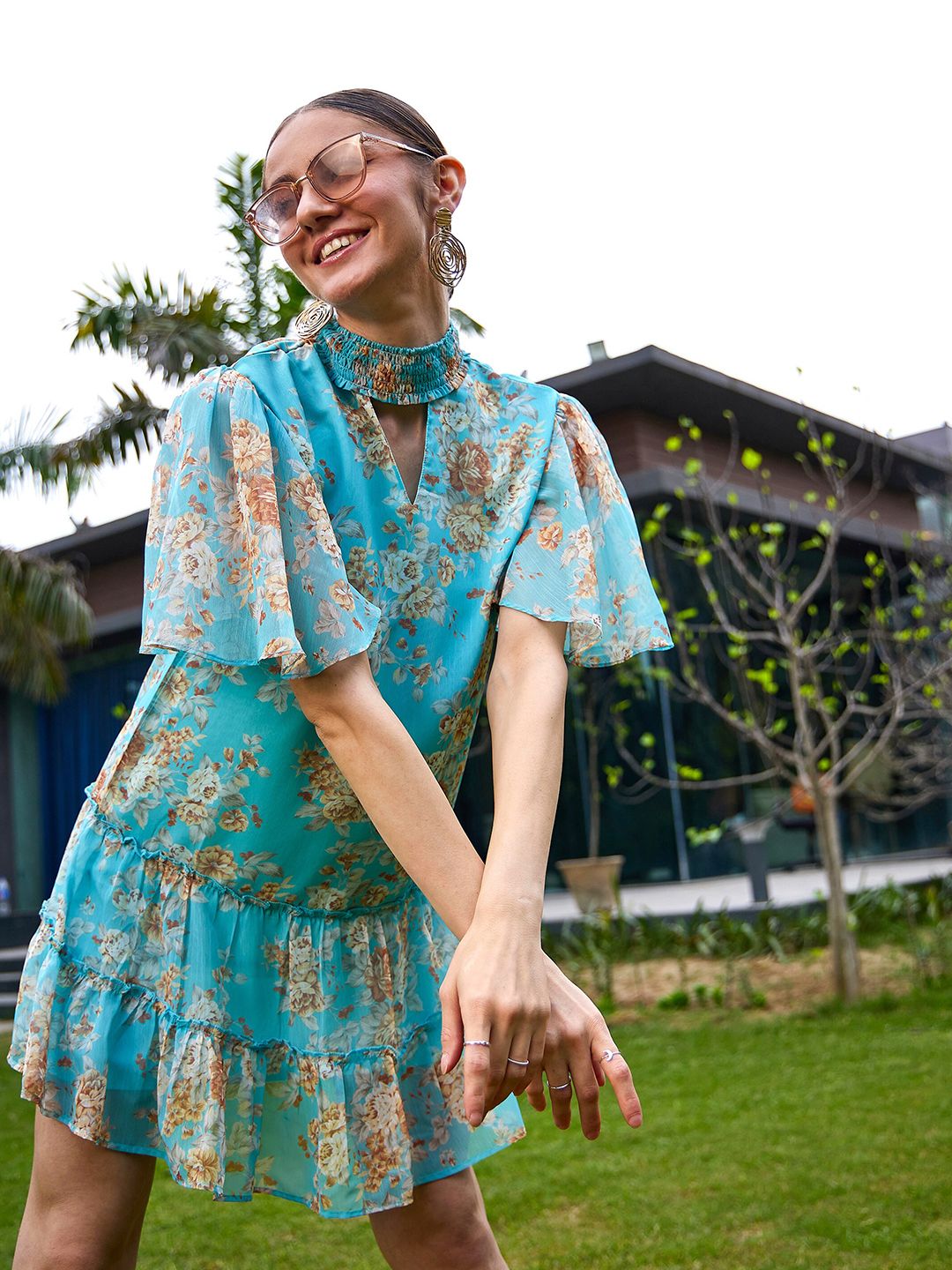 SASSAFRAS Floral Print Flared Sleeve Georgette A-Line Dress