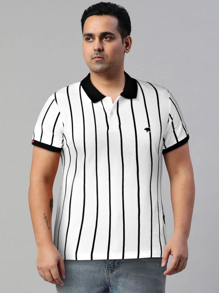 THE BEAR HOUSE Men White Black Striped Polo Collar Slim Fit Pure Cotton T-shirt