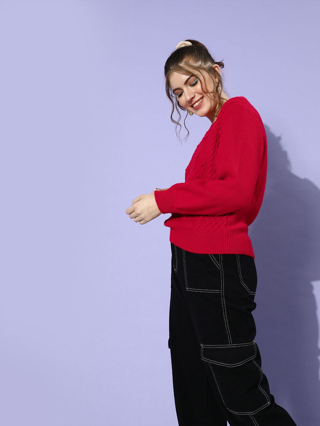 STREET 9 Women Gorgeous Red Cable Knit Cable Knit Sweater