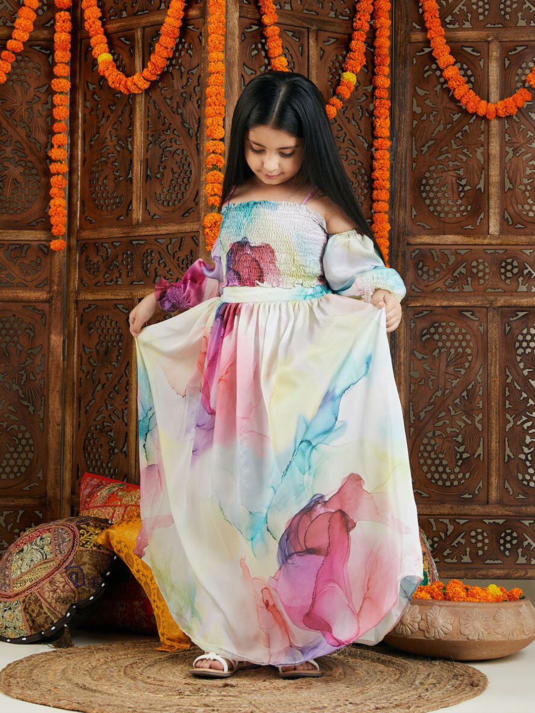 VASTRAMAY Girls Printed Satin Ready To Wear Lehenga Choli