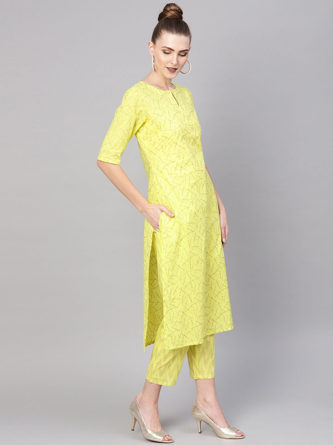 Gerua By Libas Women Lime Green Golden Block Print Kurta with Trousers