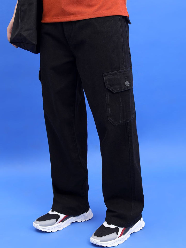 HIGHLANDER Men Black Wide Leg Clean Look Cargo Jeans