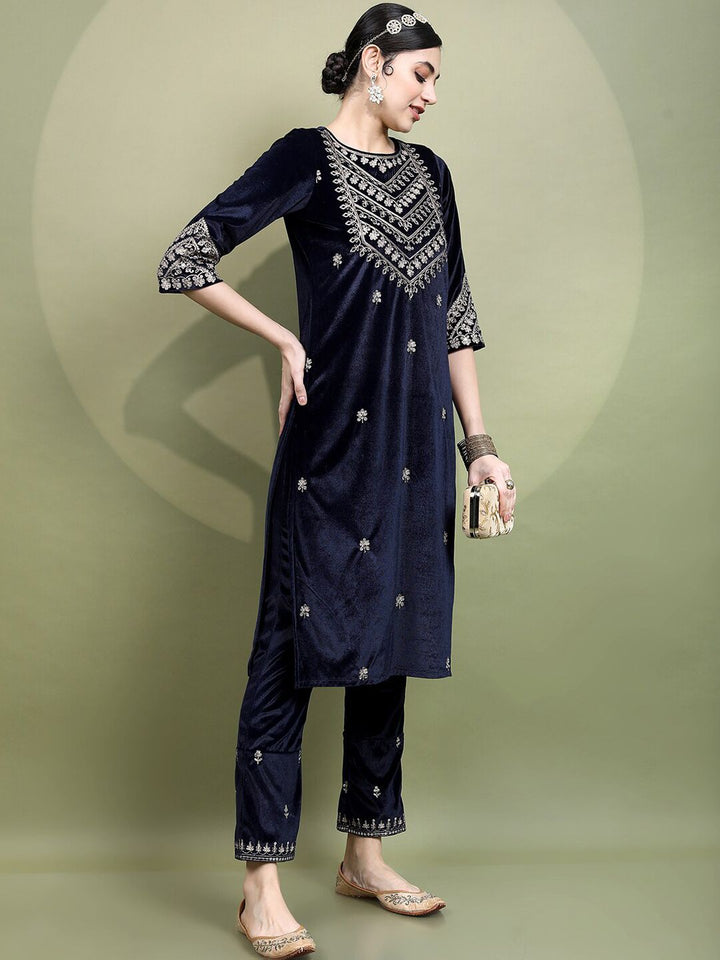 Vishudh Women Embroidered Knitted Velvet Kurta with Palazzo & With Dupatta