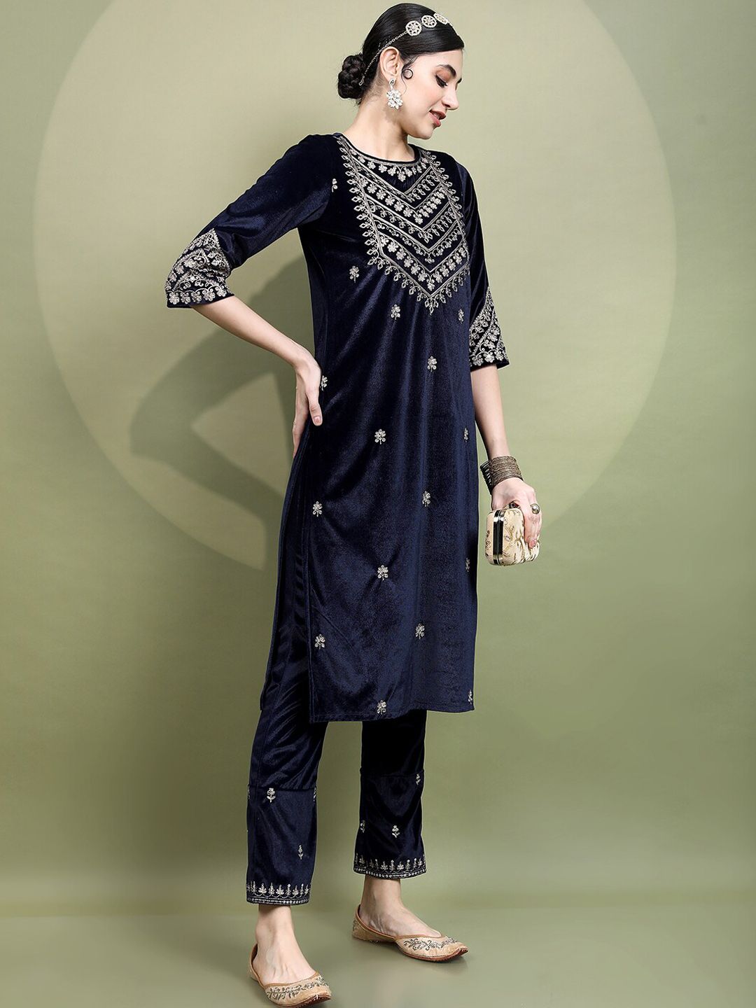 Vishudh Women Embroidered Knitted Velvet Kurta with Palazzo & With Dupatta